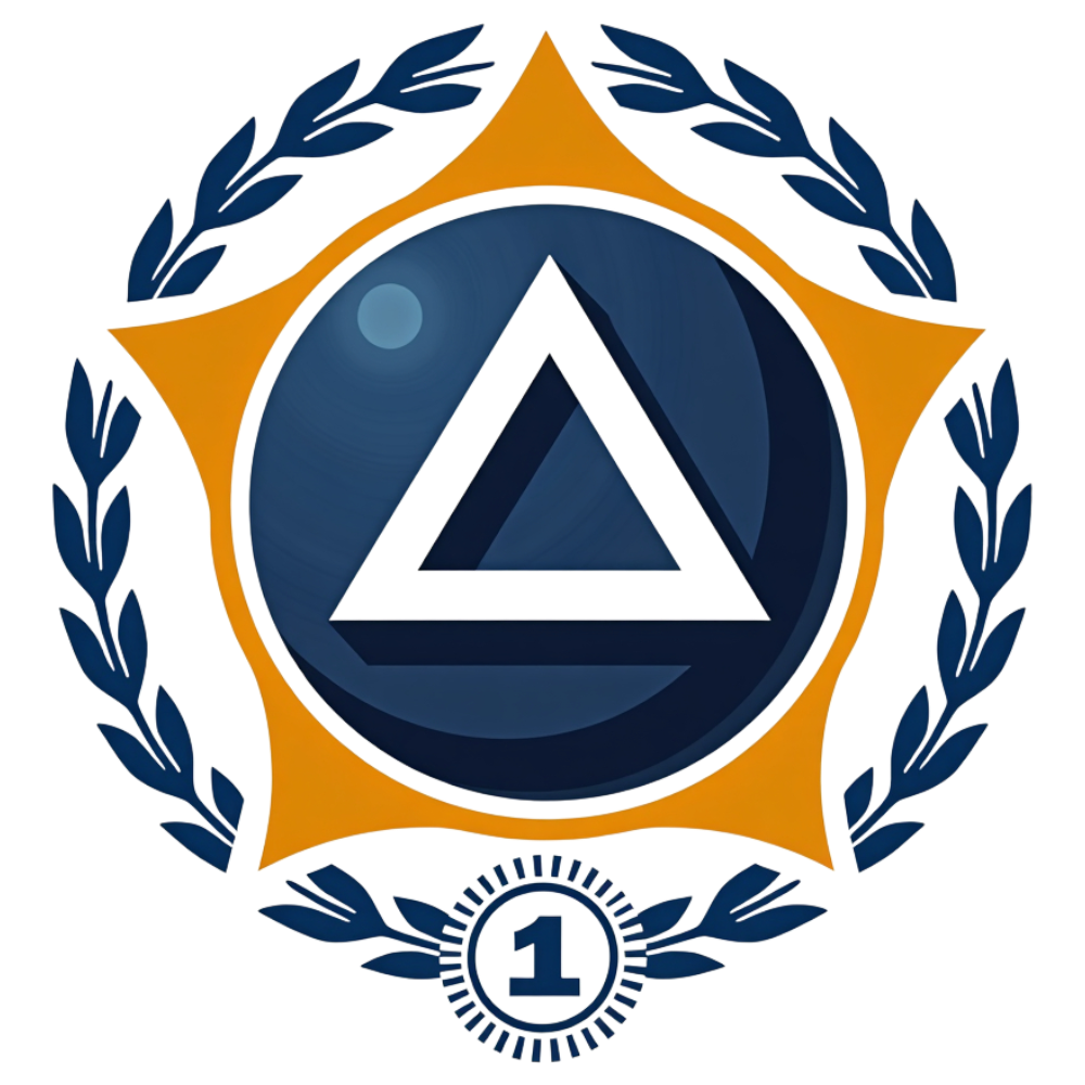 First Place Recognition Badge with Triangle and Laurel Wreaths. Business Achievement Graphic. - Skywarn Recognition Day 7