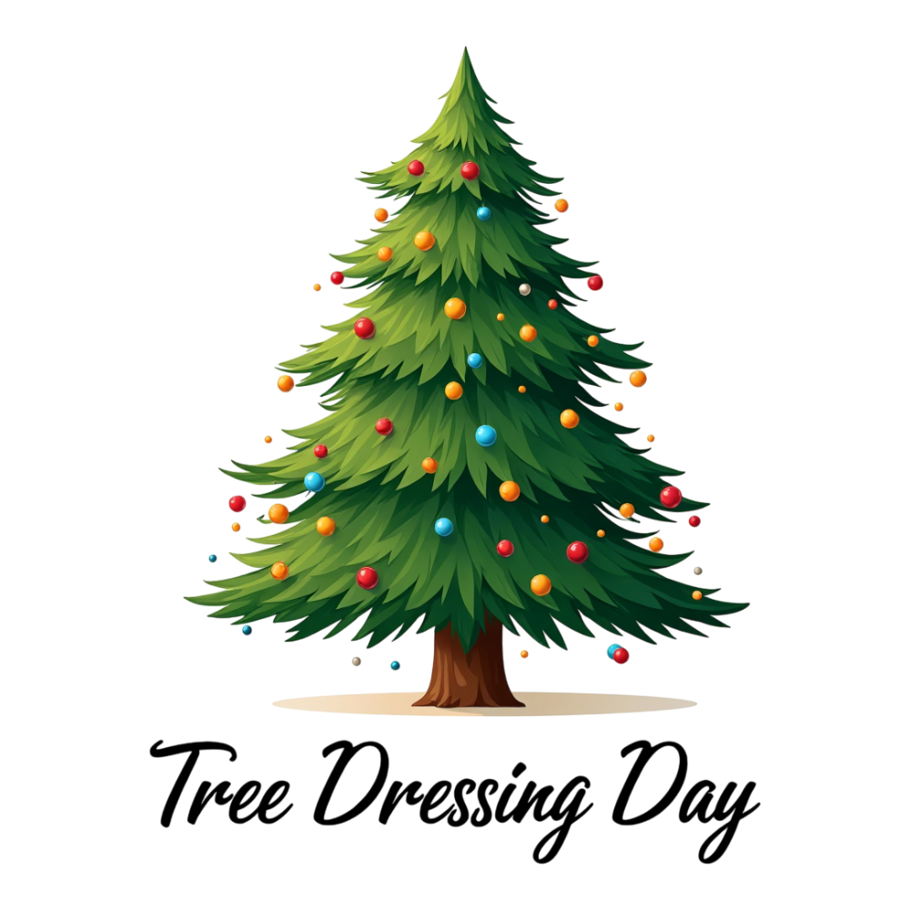 Festive Evergreen Tree with Colorful Ornaments on Dark Background - Tree Dressing Day 6