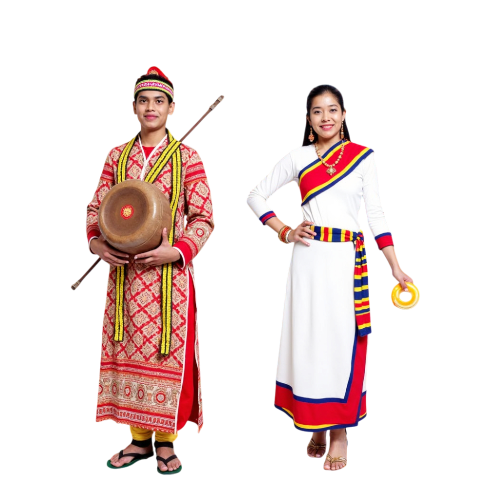 Smiling Young Adults in Colorful Traditional Outfits Displaying Cultural Instruments - Udhauli Parva 24