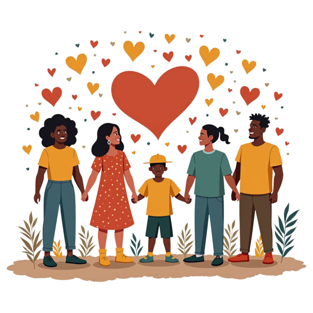 Diverse Family Group Holding Hands, Surrounded by Hearts of Love and Unity - Universal Human Rights Month 12