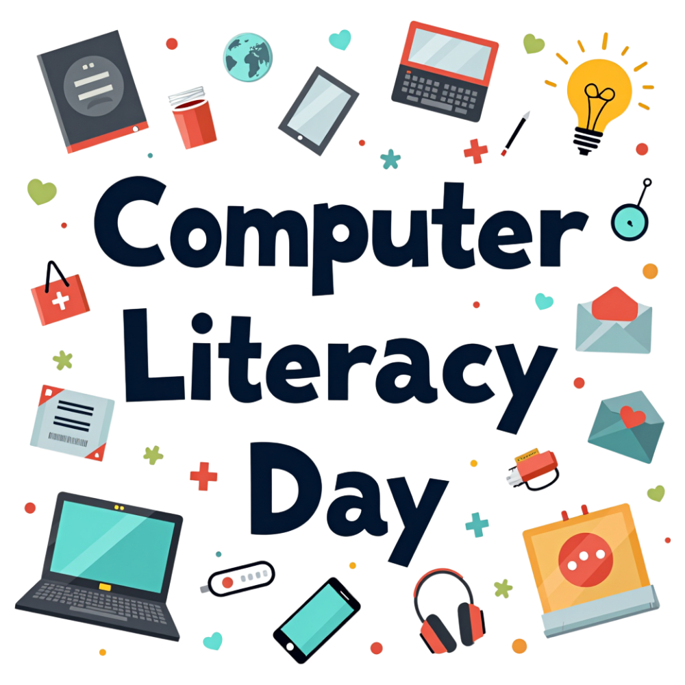Computer Literacy Day Banner with Digital Devices and Learning Icons; Technology Education Awareness Concept - World Computer Literacy Day 22