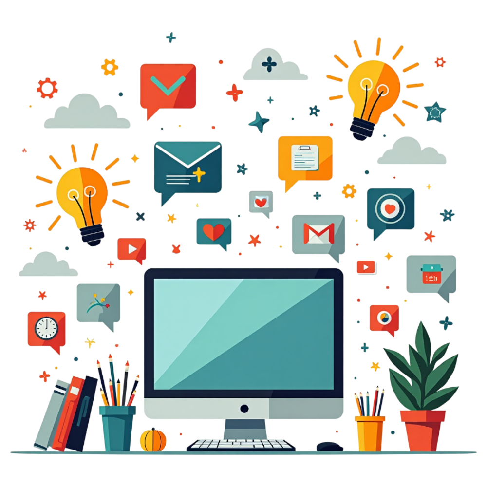 Creative Digital Workspace: Computer, Communication & Idea Icons for Productivity - World Computer Literacy Day 23