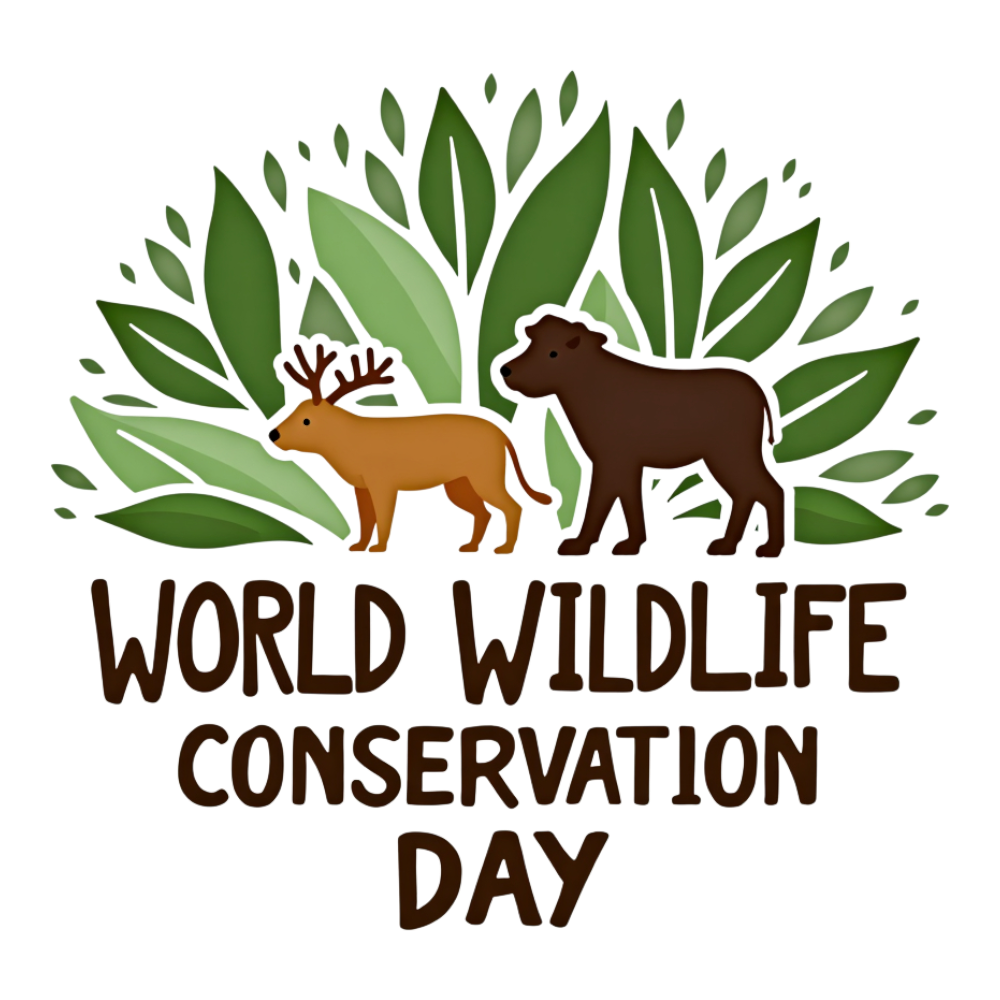 World Wildlife Conservation Day with deer, bear, and green leaves on black background - World Wildlife Conservation Day 1