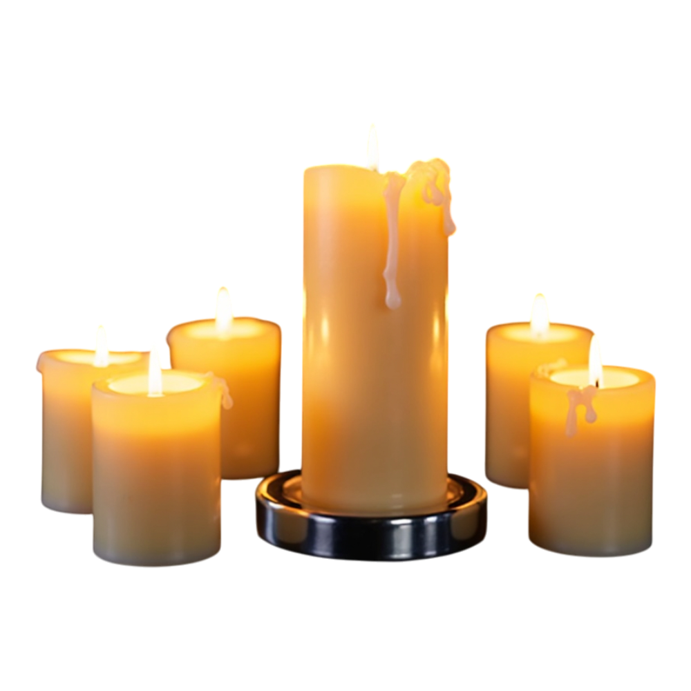 Warm Glowing Pillar Candles with Dripping Wax on Dark Background. Group for Ambiance & Celebration. - Worldwide Candle Lighting Day 11