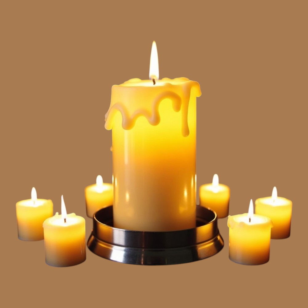 Warm LED Candle Grouping: Illuminated Pillar Candle with Surrounding Votives, Creating a Cozy Ambiance - Worldwide Candle Lighting Day 16