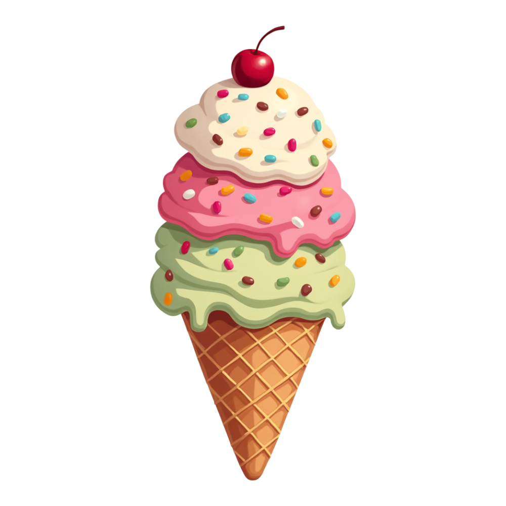 Colorful Triple Scoop Ice Cream Cone with Sprinkles & Cherry on Black Background - National Ice Cream Day 14