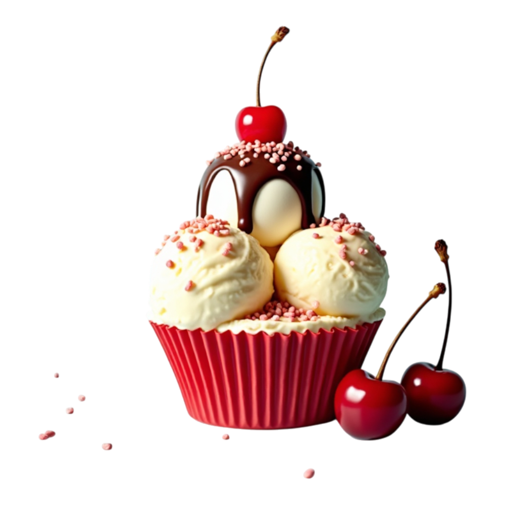 Gourmet Vanilla Ice Cream Dessert with Cherries, Chocolate Drizzle, and Sprinkles on Black - National Ice Cream Day 19