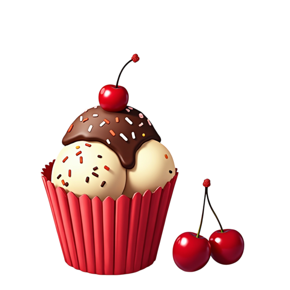 Sweet Cupcake with Chocolate Frosting, Colorful Sprinkles, and Bright Red Cherries on Dark Background - National Ice Cream Day 2