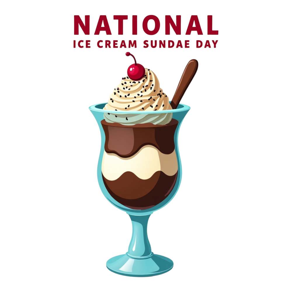 National Ice Cream Sundae Day festive dessert. Sweet treat with whipped cream, cherry, chocolate syrup, and spoon. - National Ice Cream Day 20