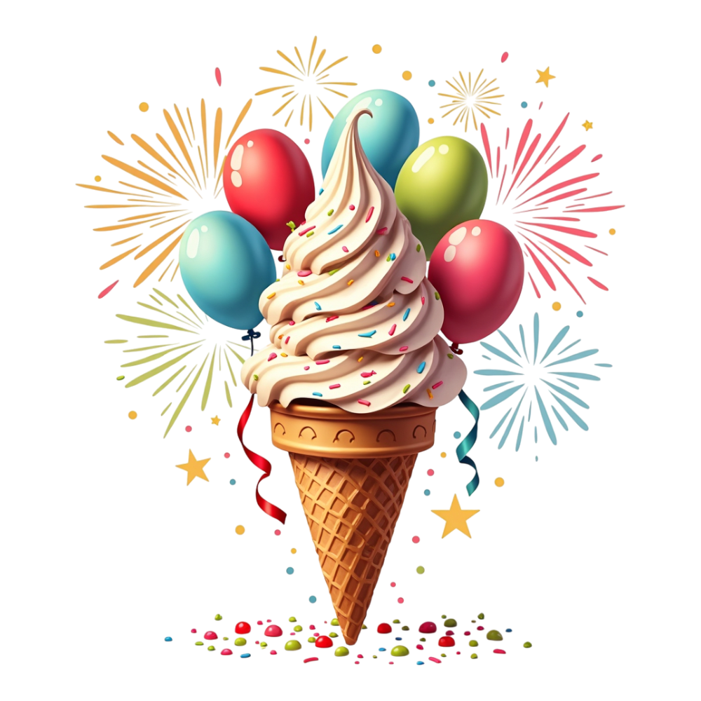 Celebration Ice Cream Cone with Colorful Balloons, Festive Fireworks, and Sprinkles - National Ice Cream Day 21