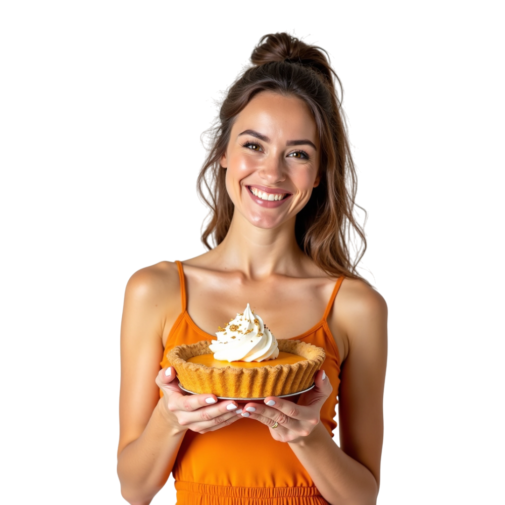 Smiling Woman Presenting Delicious Mini Pumpkin Pie with Whipped Cream - National Pumpkin Pie Day 29