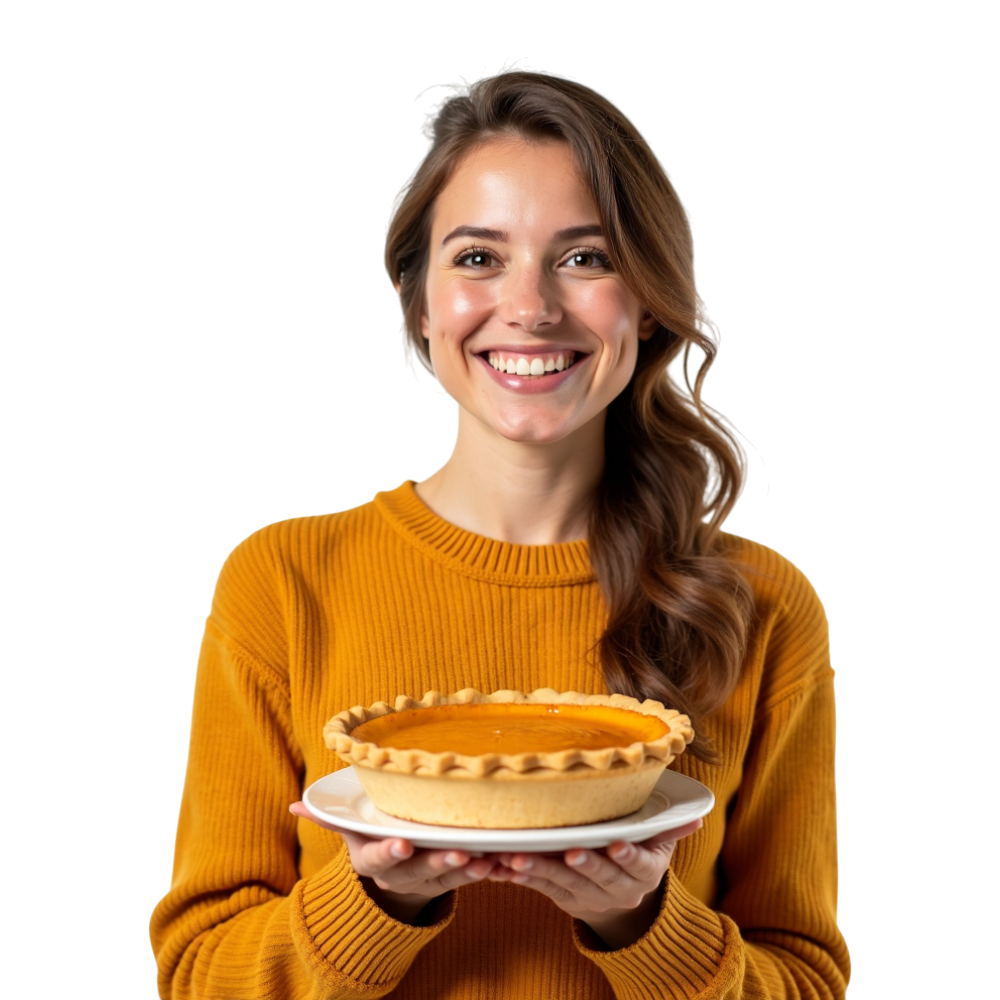 Smiling Woman Presenting Baked Pie - National Pumpkin Pie Day 47
