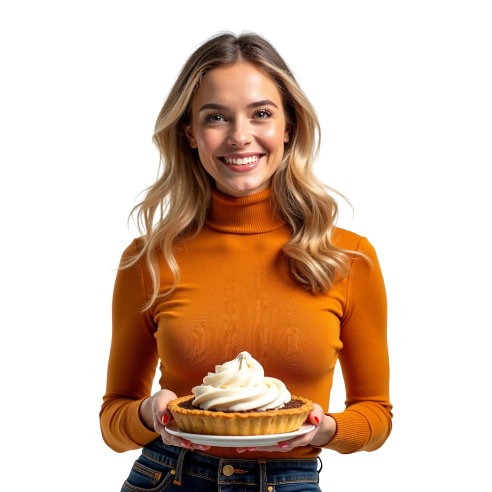 Smiling Woman Holding Dessert Tart with Whipped Cream. Happy Female Presenting Sweet Treat. - National Pumpkin Pie Day 56