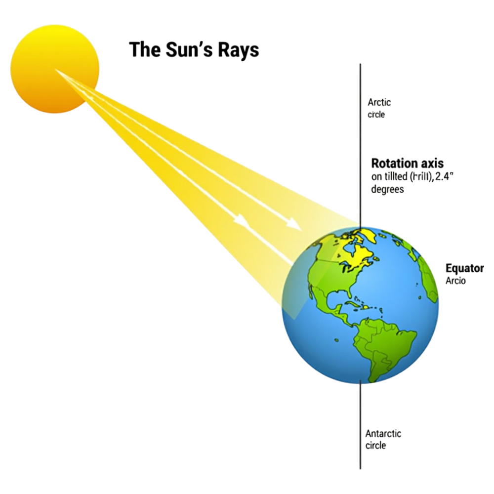 Earth's Tilt and Solar Rays Diagram. Explaining Seasons, Axial Inclination, and Light Distribution on Globe. - Winter Solstice 2