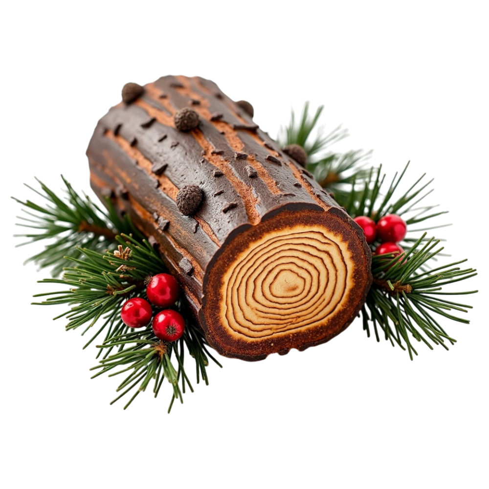 Festive Yule Log Cake with Chocolate Bark, Red Berries, and Pine on Black Background - Yule 1