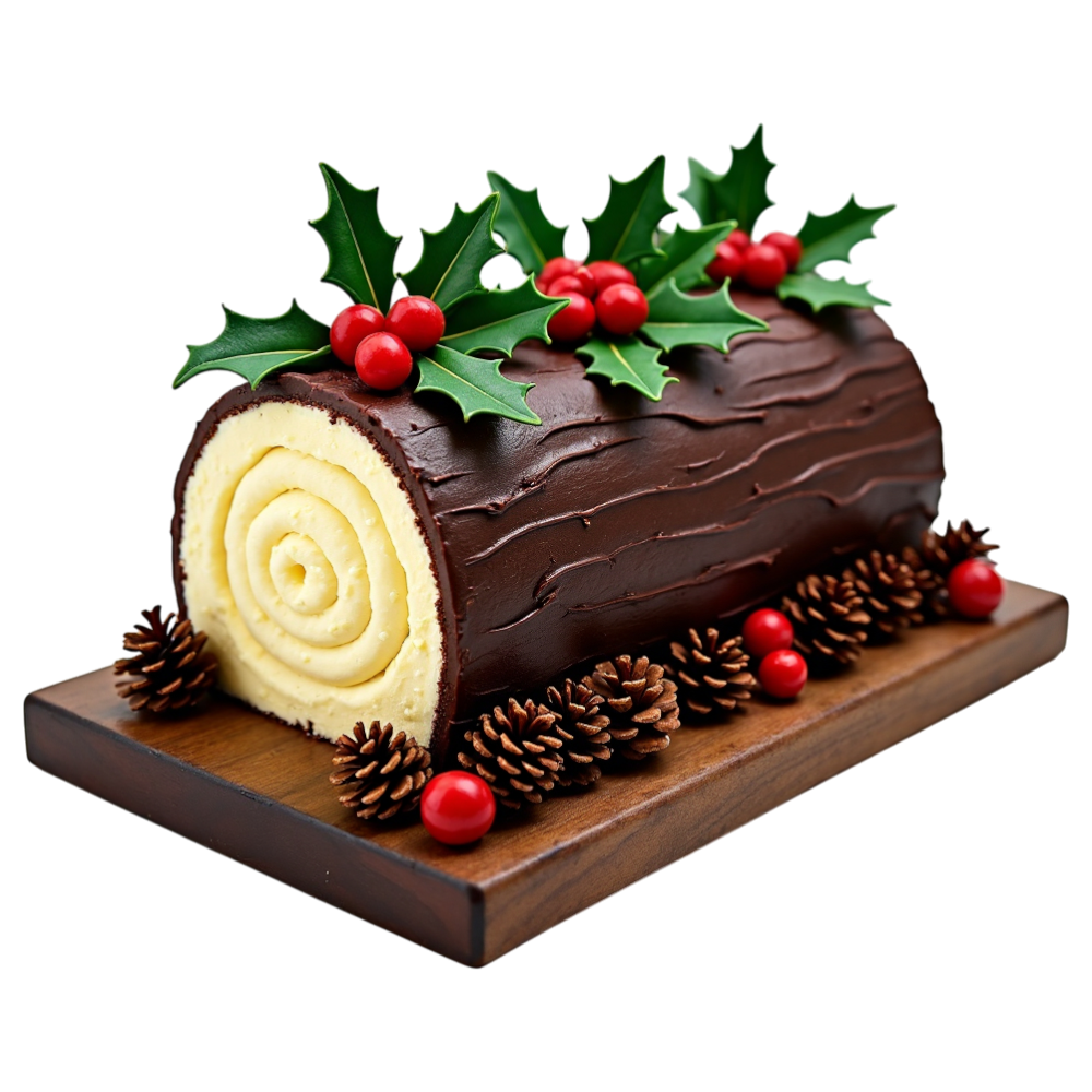 Classic Yule Log Cake: Chocolate Bûche de Noël with Holly & Berries, Festive Holiday Dessert - Yule 10