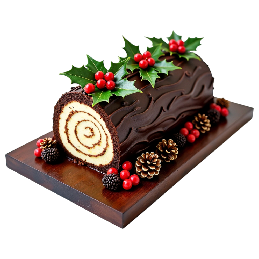Festive Chocolate Yule Log Cake with Holly, Berries, and Pine Cone Decorations - Yule 11