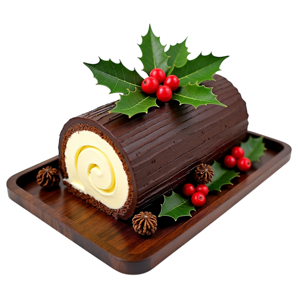 Festive Chocolate Yule Log Cake with Holly & Berries on a Wooden Tray - Yule 12