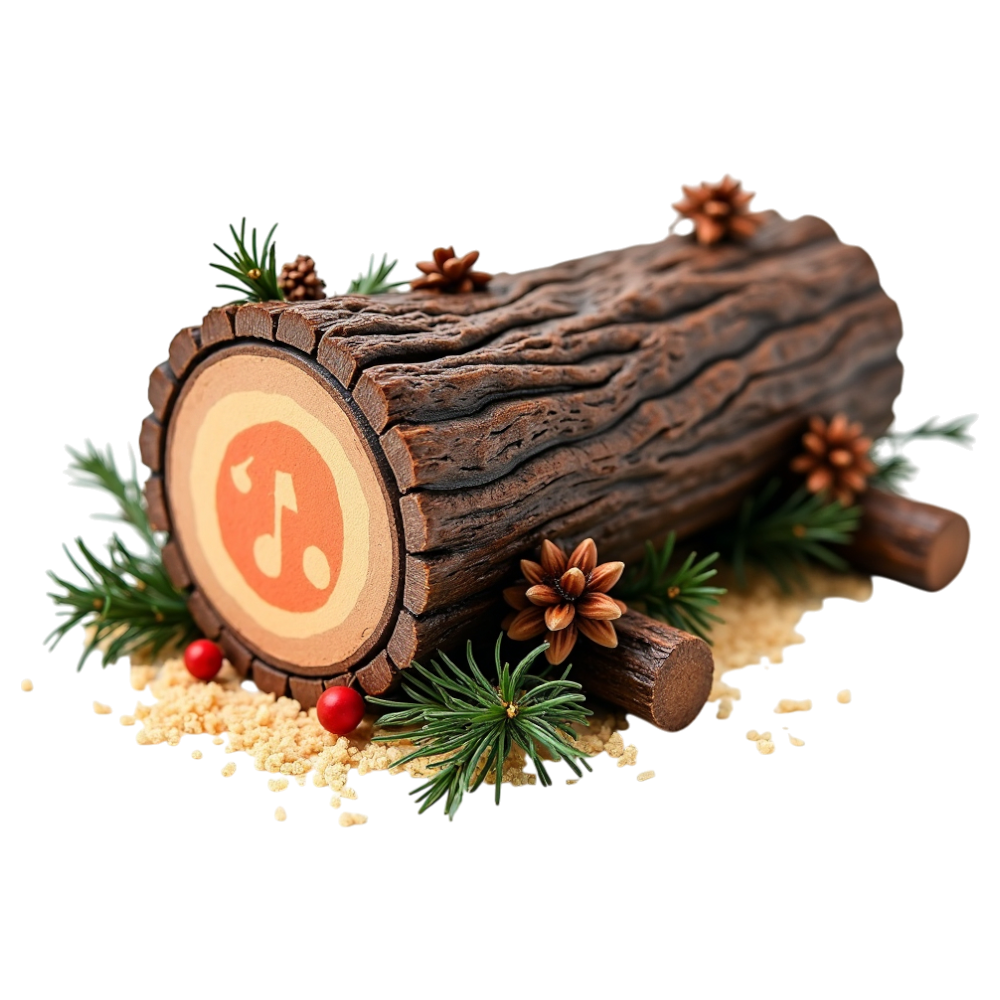 Festive Yule Log Dessert with Musical Note, Pine, Berries. Holiday Celebration Treat. - Yule 13