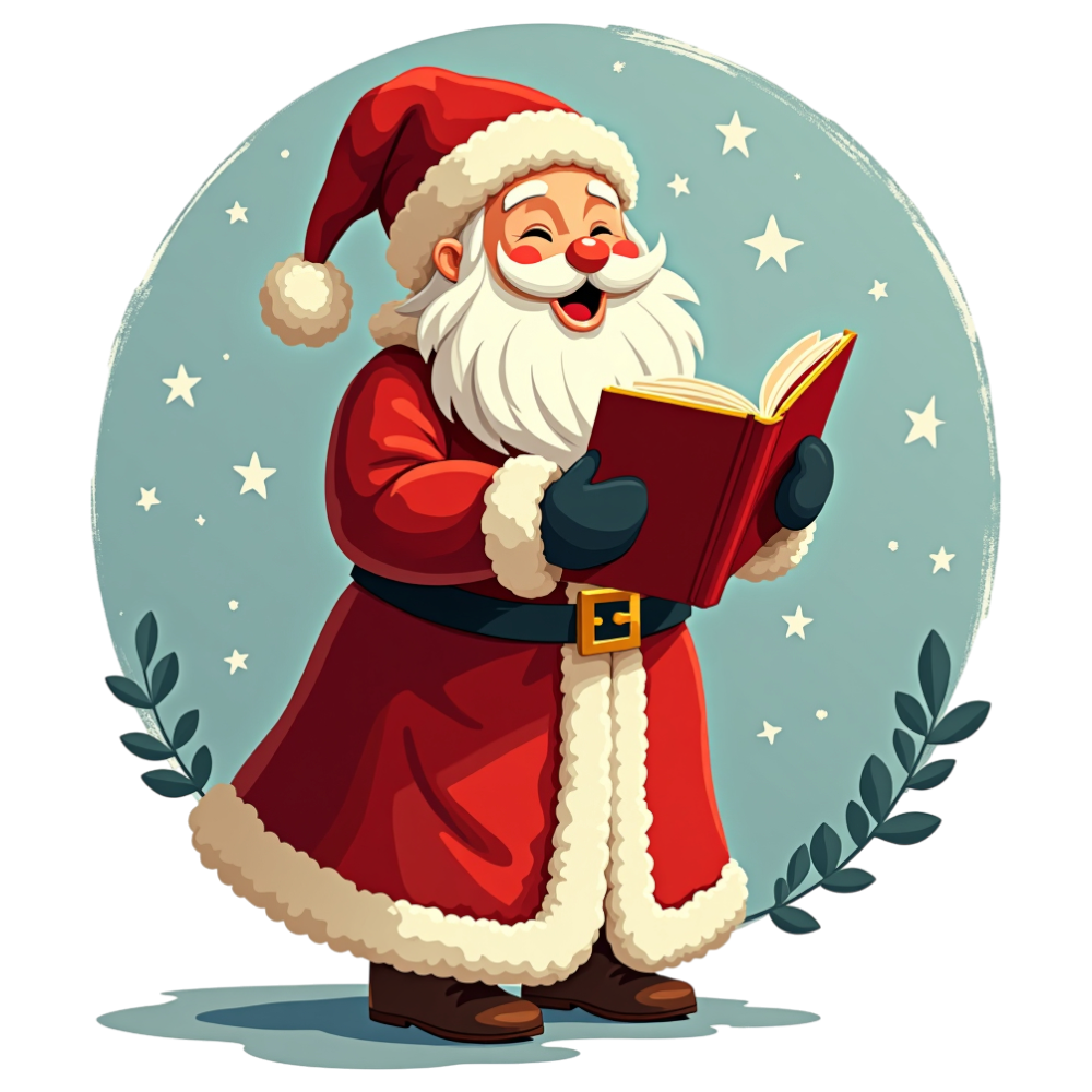 Happy Santa Claus Figure Singing Holiday Carols with a Red Book on a Starry Blue Background - Yule 14