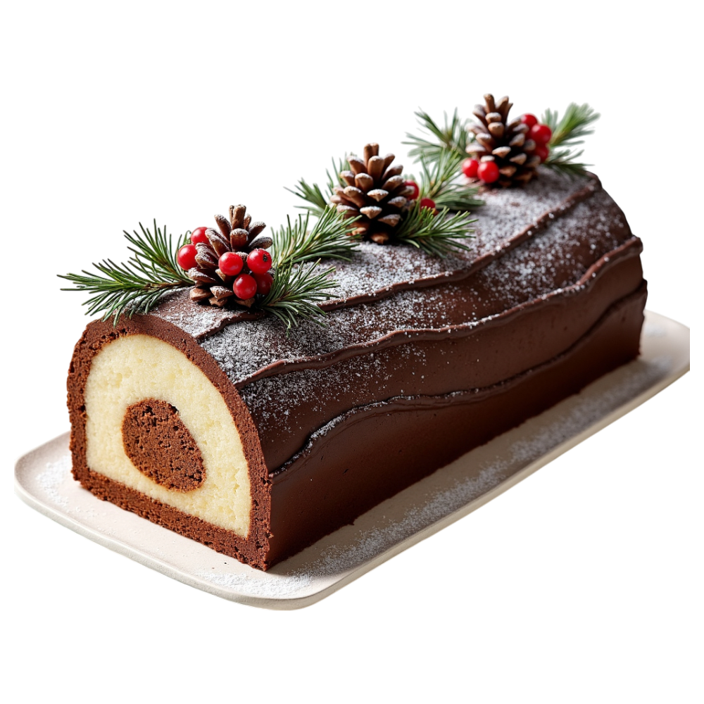 Festive Chocolate Yule Log Cake with Pine Cone & Berry Decorations on White Plate - Yule 16