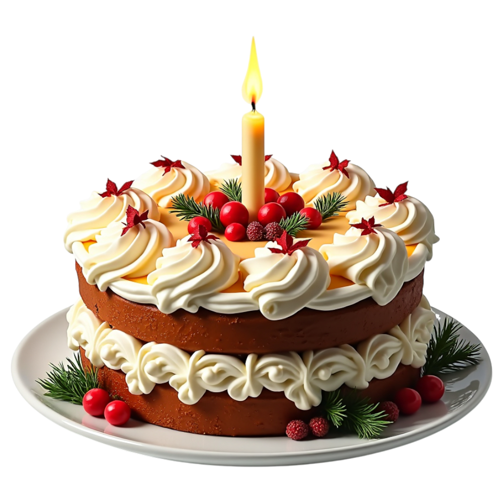 Festive Celebration Cake with Burning Candle, Cream Frosting, and Winter Berries - Yule 19