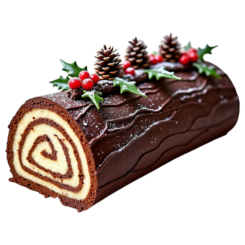 Festive Chocolate Yule Log Cake with Holly and Pinecones. Traditional Bûche de Noël Dessert for Holiday Celebrations. - Yule 2