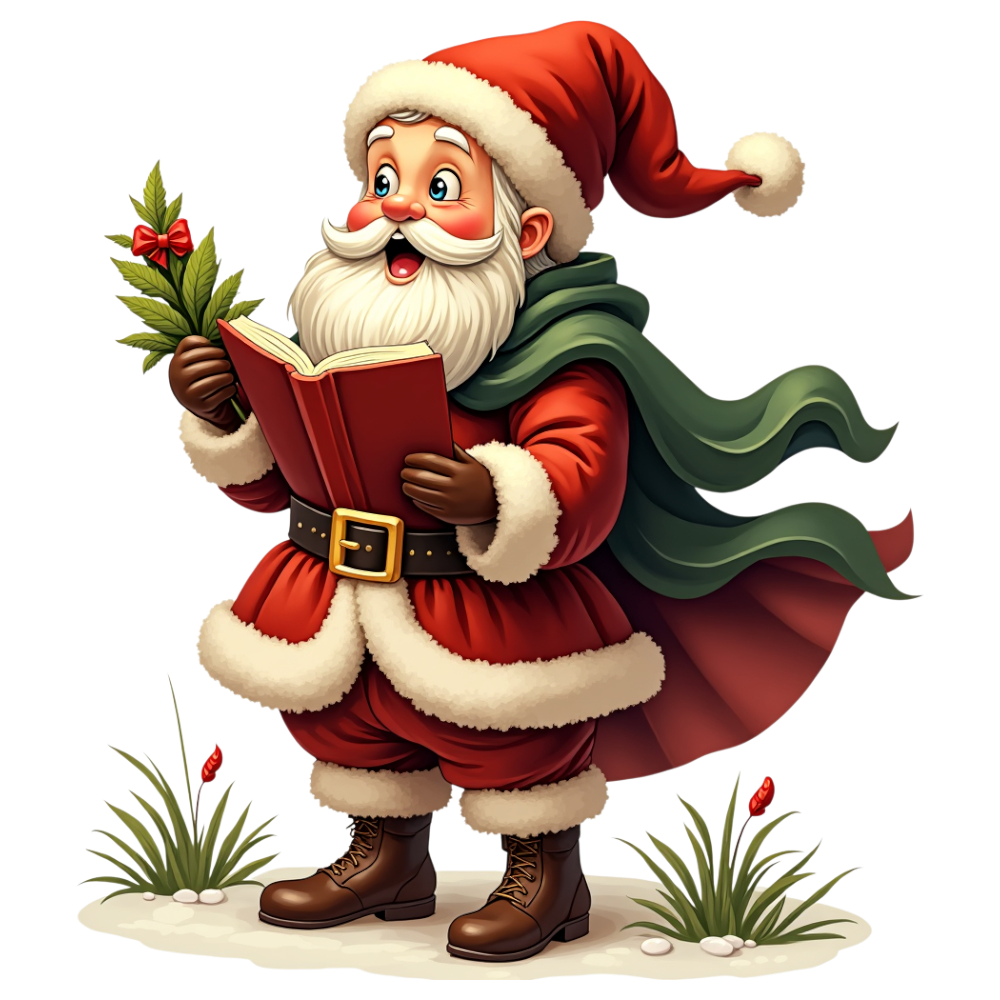 Happy Santa Claus Character Reading Book & Holding Mistletoe. Festive Christmas Holiday Celebration Artwork. - Yule 20