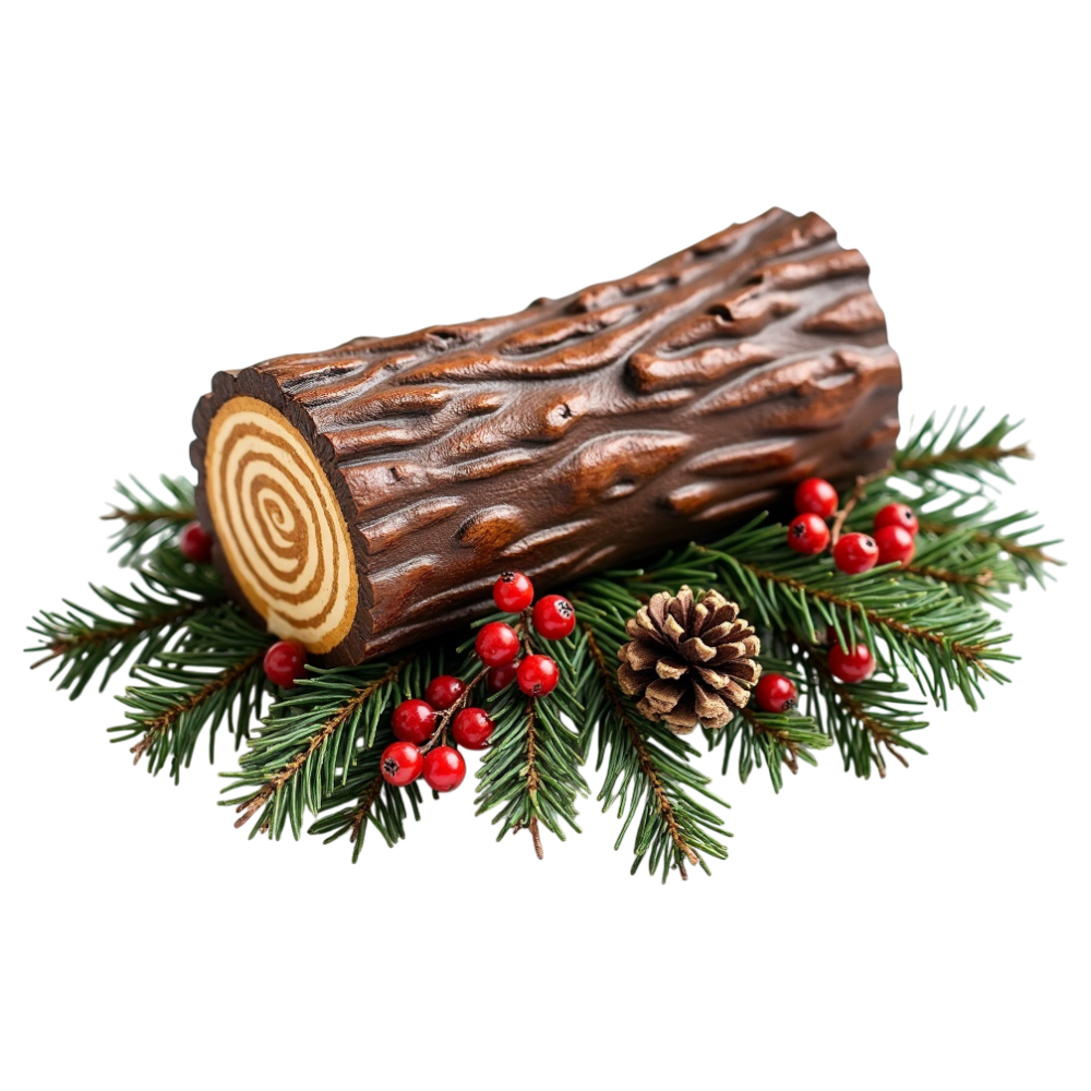 Festive Yule Log Cake with Pine Cone and Berries on Fir Branches - Yule 21