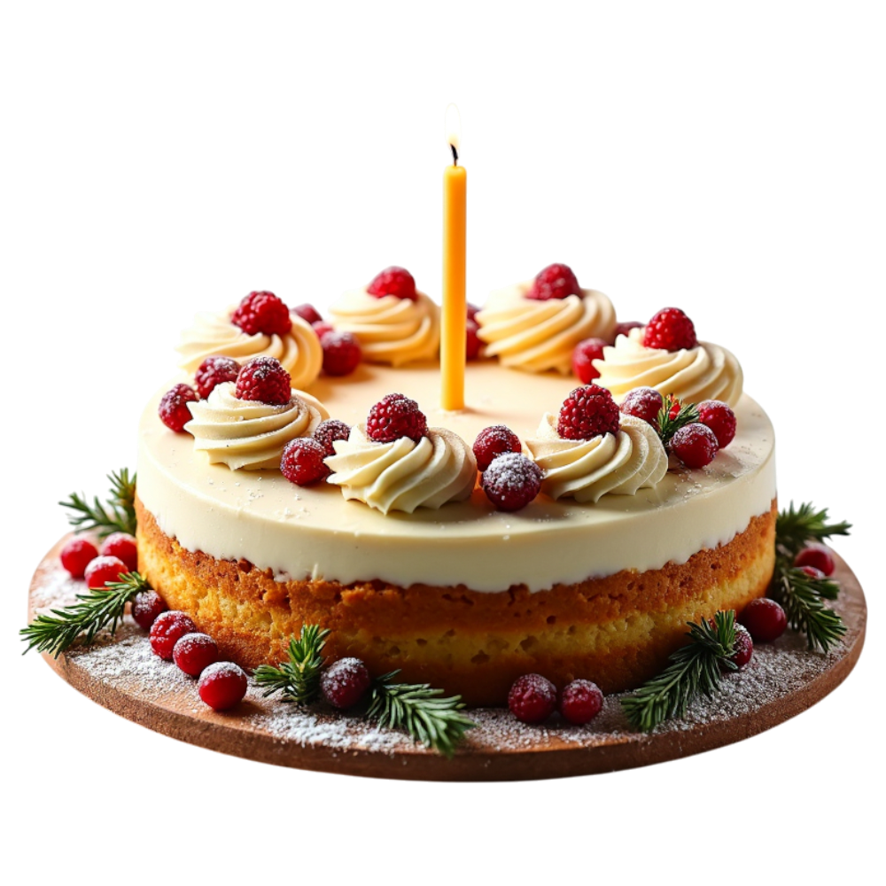 Festive Raspberry Cream Cake with Lit Candle and Powdered Sugar - Yule 22