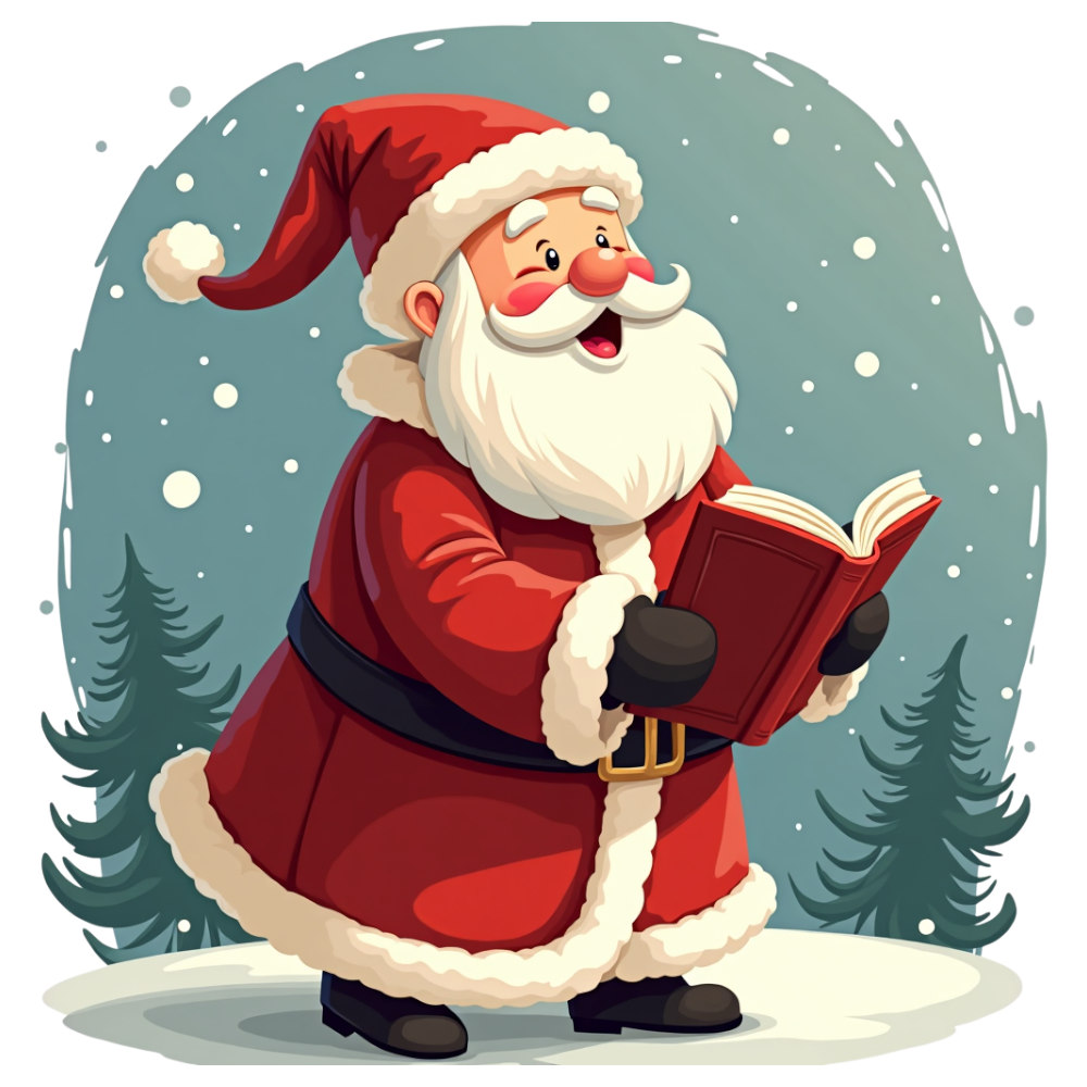 Merry Santa Claus Singing from a Book Amidst Falling Snow - Yule 24