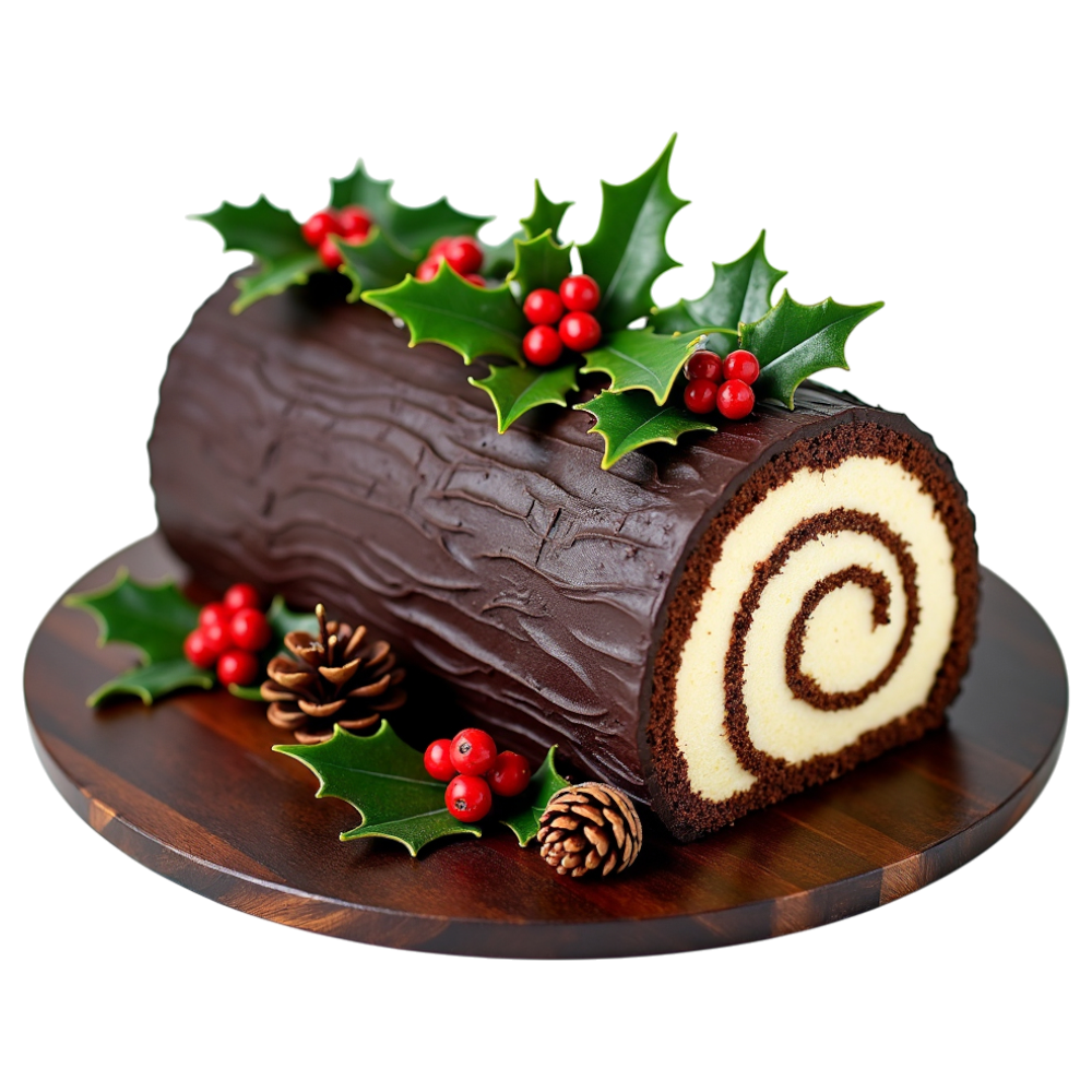 Festive Chocolate Yule Log Cake with Holly Decorations on a Wooden Platter - Yule 25