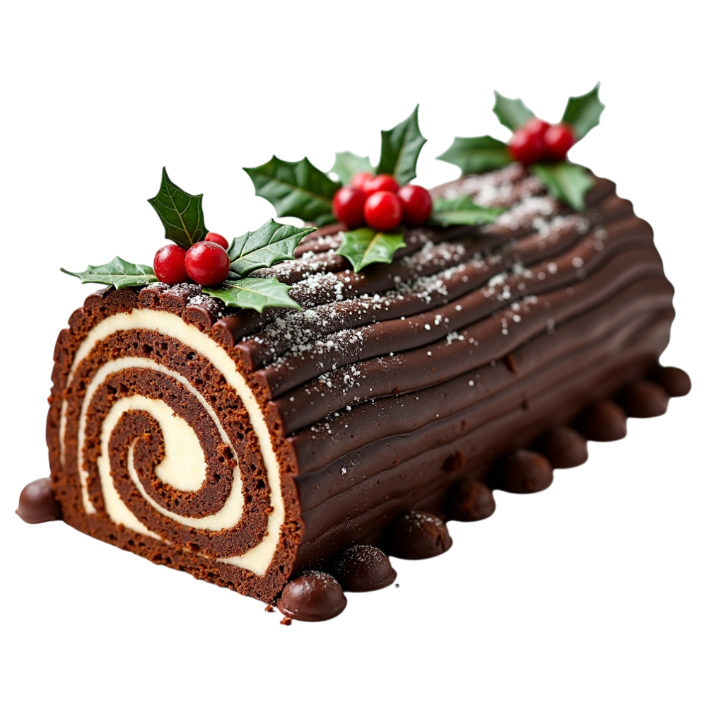 Delicious Holiday Chocolate Yule Log Dessert with Cream Filling and Holly Decoration - Yule 3
