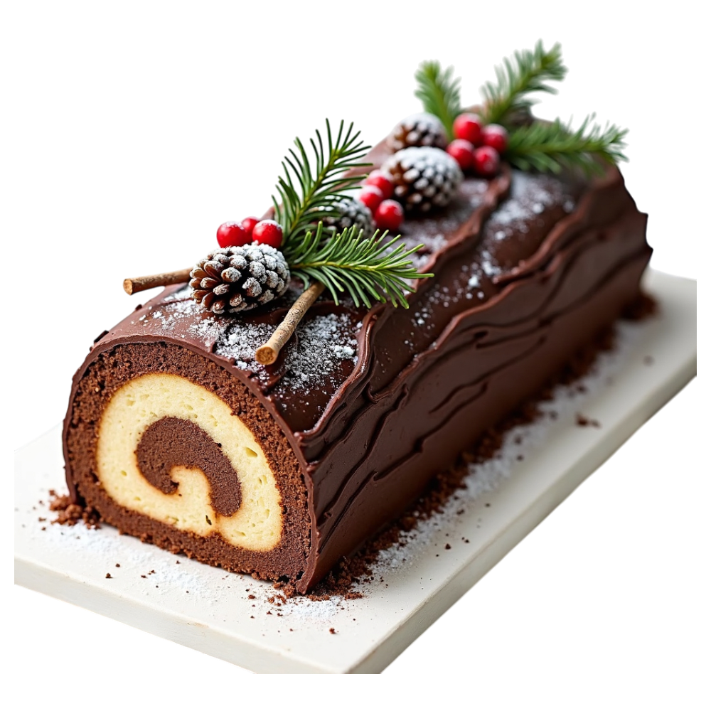 Festive Chocolate Yule Log Cake (Bûche de Noël) with Pinecones, Berries & Powdered Sugar - Yule 4