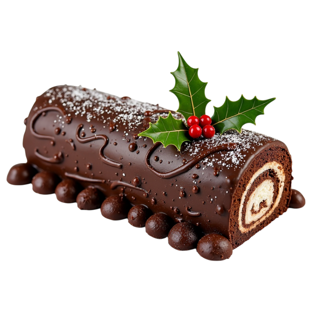 Festive Chocolate Yule Log Cake with Holly. Bûche de Noël Dessert. - Yule 5