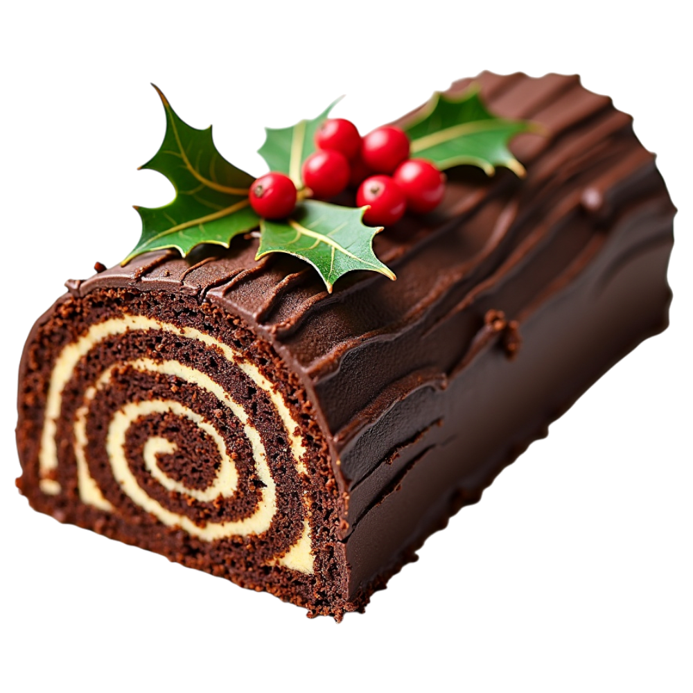 Festive Chocolate Yule Log Cake with Holly and Berries Decoration, Holiday Dessert - Yule 6
