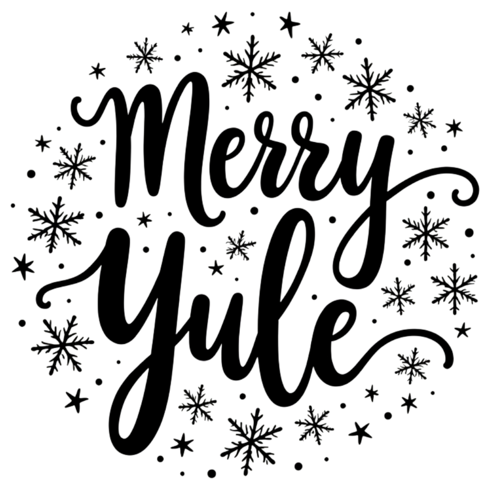 Merry Yule Calligraphy with Snowflakes and Stars on Black Background - Yule 7