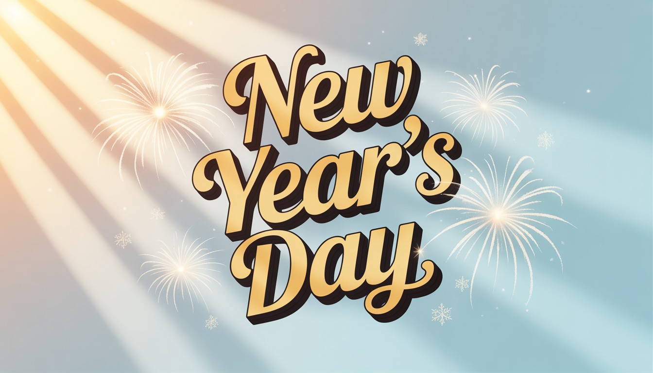 New Year's Day Golden Text with Festive Fireworks and Sun Rays - Feature Image Jan 09