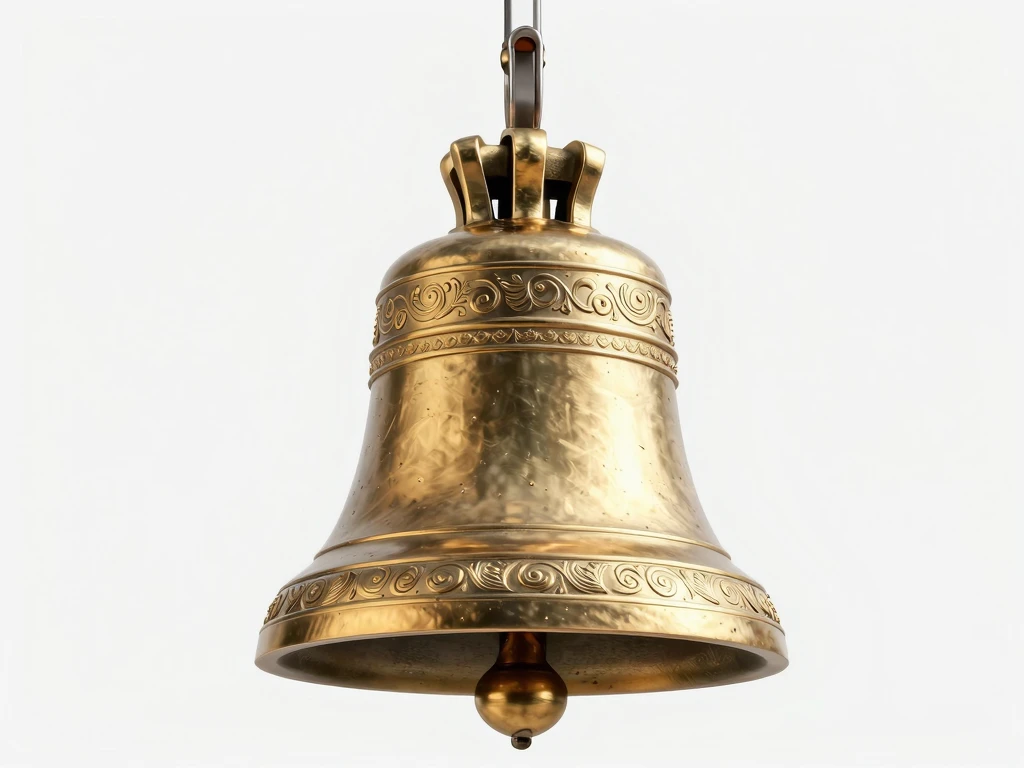 Ornate Brass Bell Isolated. Golden Metal Instrument with Traditional Engravings on White Background - Feature Image Jan 10