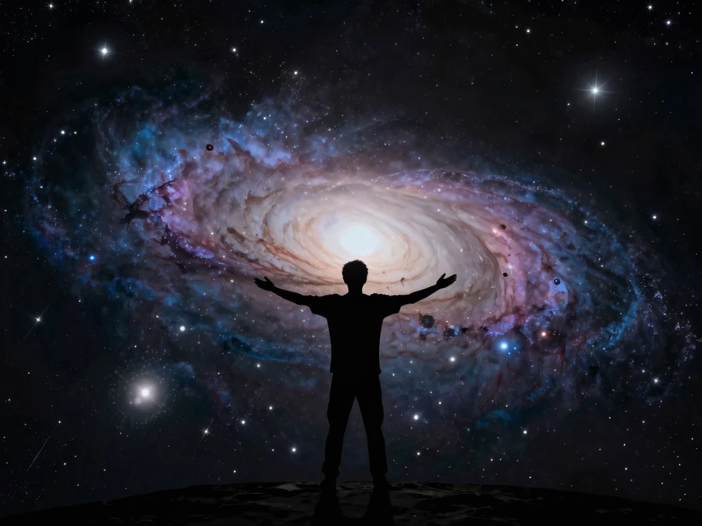 Silhouette Against Vibrant Spiral Galaxy. Cosmic Wonder, Universe Exploration, Celestial Vision. - Feature Image Jan 13
