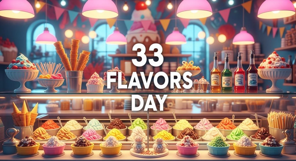 Ice Cream Shop Counter with Many Flavors. Festive Dessert Display for 33 Flavors Day - Featured Image 117
