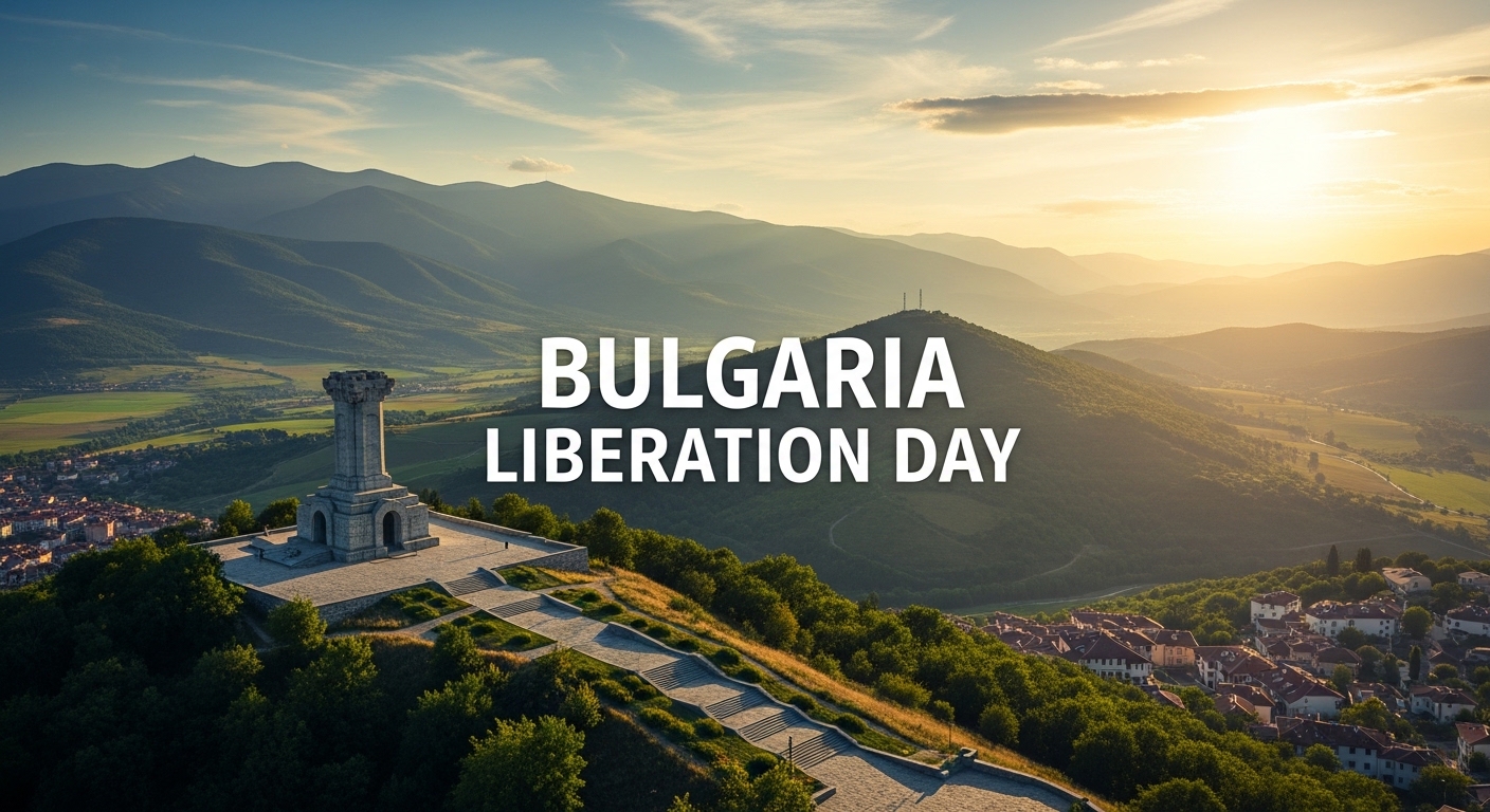 Bulgaria Liberation Day Memorial at Golden Hour Overlooking Town and Mountains - Featured Image 118
