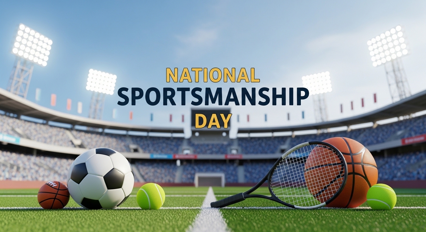 National Sportsmanship Day: Athletic Balls and Racket on Stadium Field with Message - Featured Image 134