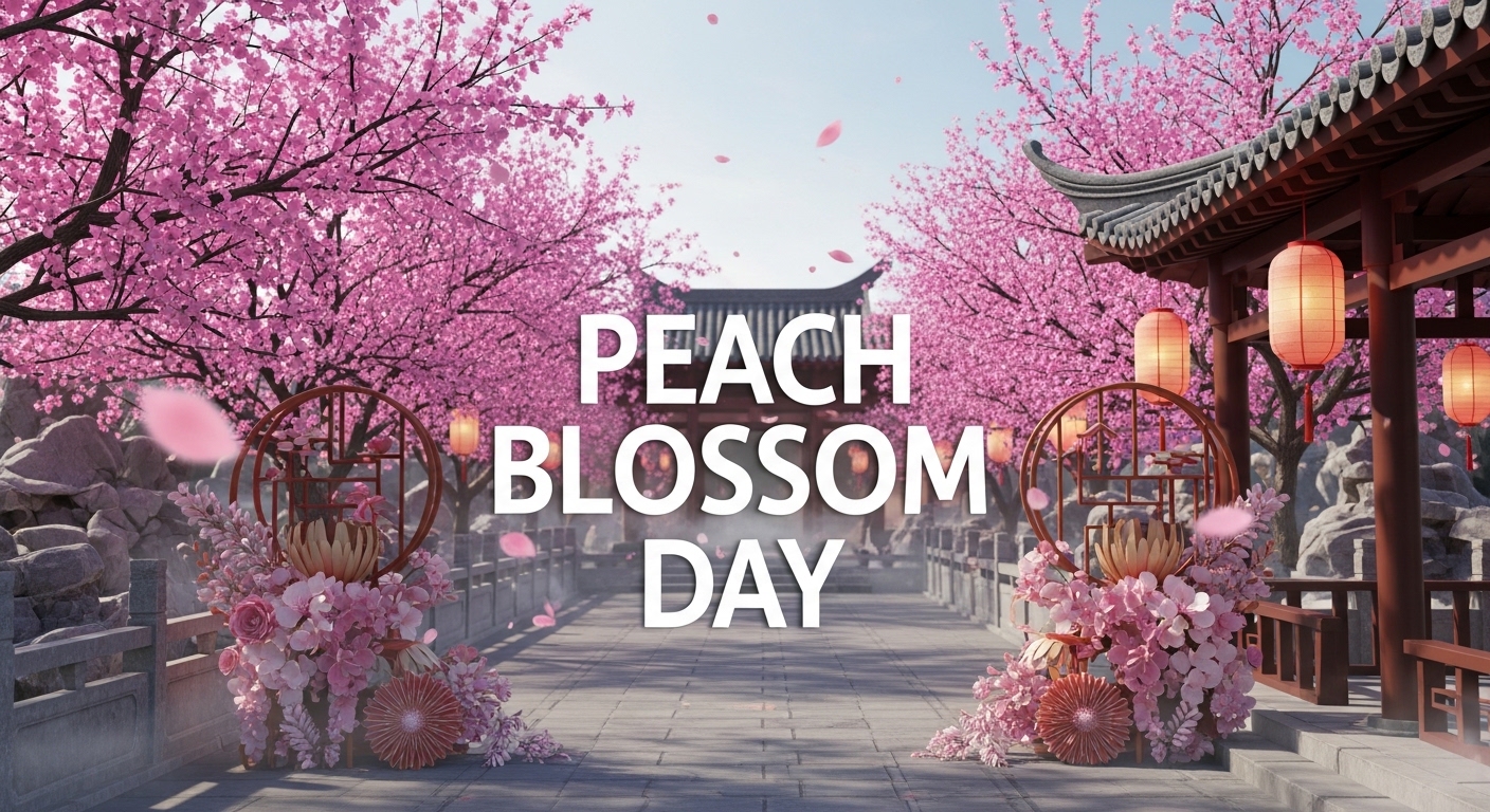 Peach Blossom Day Message in Traditional Asian Garden with Pink Trees and Lanterns - Featured Image 135