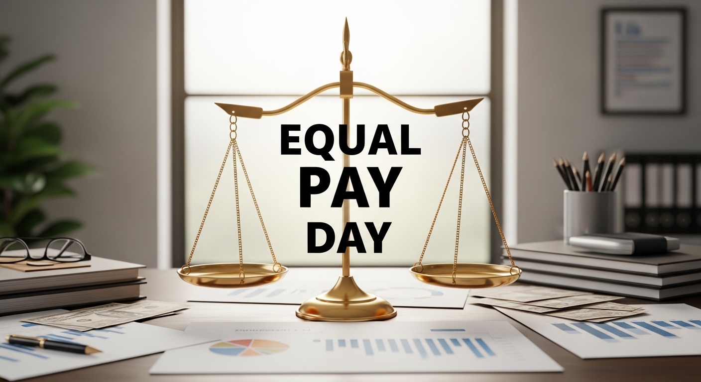 Equal Pay Day concept with scales of justice and financial data on an office desk. - Featured Image 143