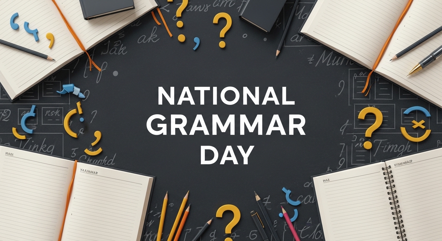 National Grammar Day with Punctuation Marks, Notebooks, and Writing Tools on Chalkboard Surface - Featured Image 151