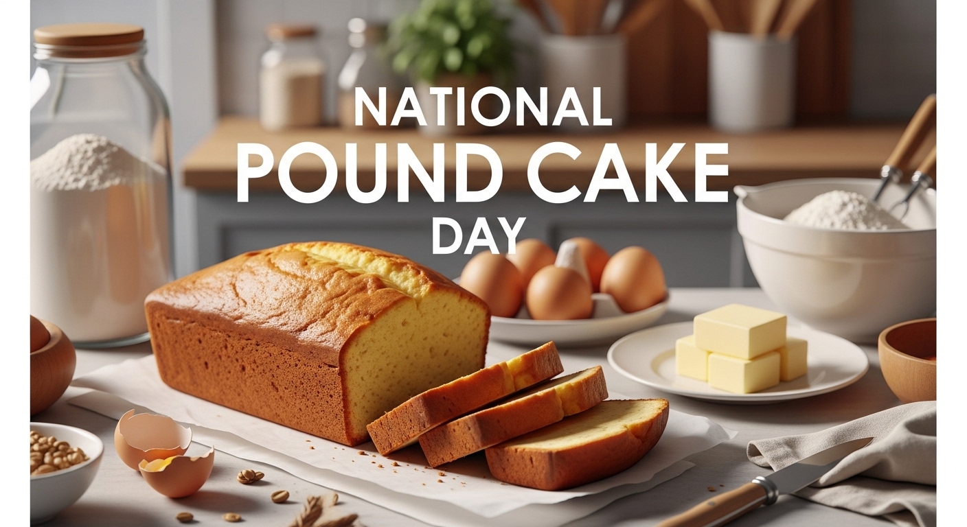 National Pound Cake Day: Fresh Baked Loaf with Baking Ingredients on Kitchen Counter - Featured Image 153