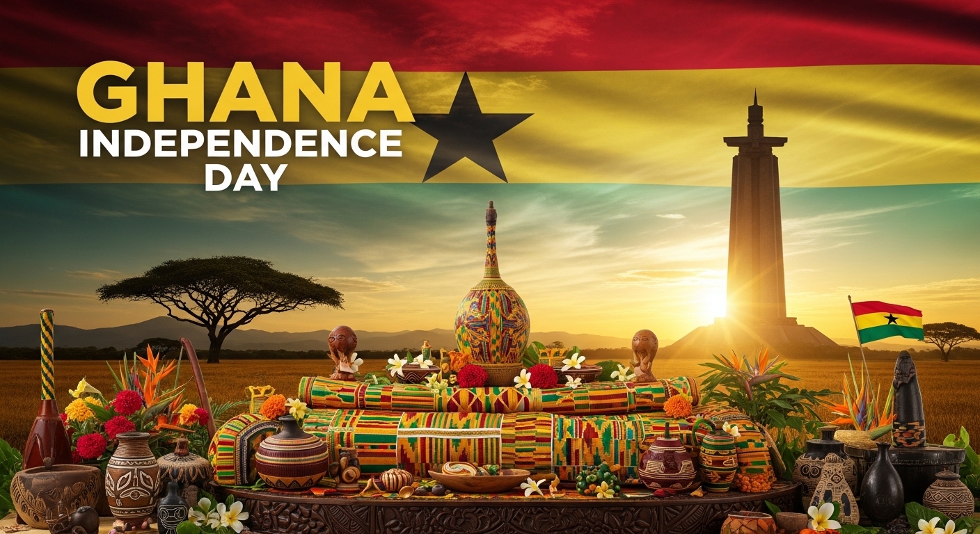 Ghana Independence Day: Cultural Art, Waving Flag & Monument at Sunset - Featured Image 170