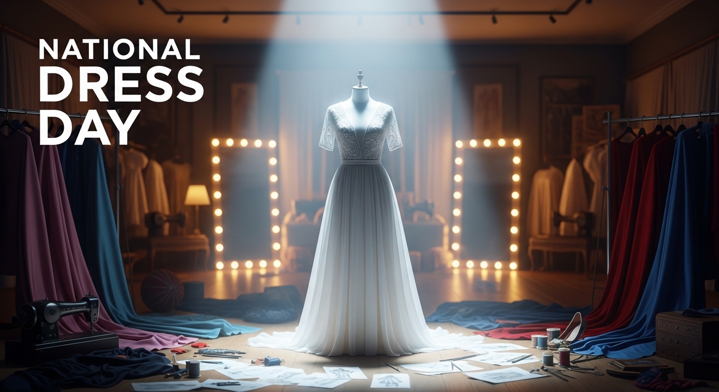 National Dress Day: Spotlight on a delicate gown in a fashion studio, surrounded by design elements. - Featured Image 172