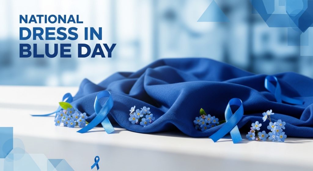 National Dress in Blue Day: Awareness Ribbons & Forget-Me-Nots on Blue Fabric - Featured Image 173